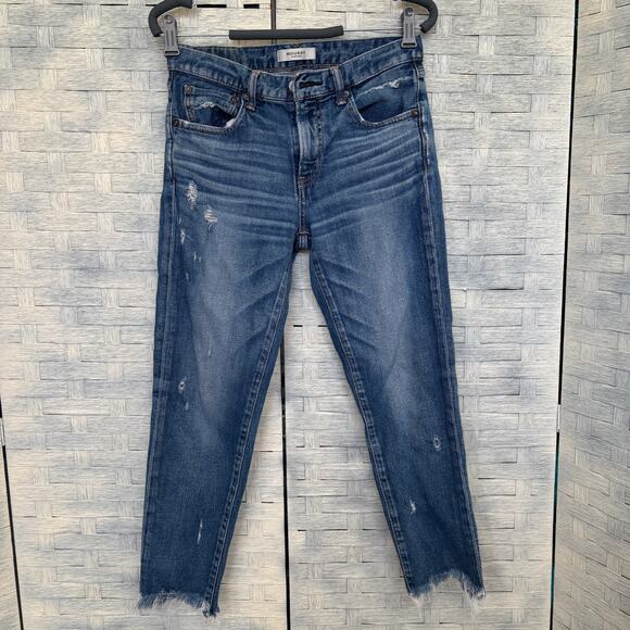 MOUSSY VINTAGE Womens 26 Blue Distressed Straight Leg Cropped Jeans Raw Hem - Picture 2 of 10